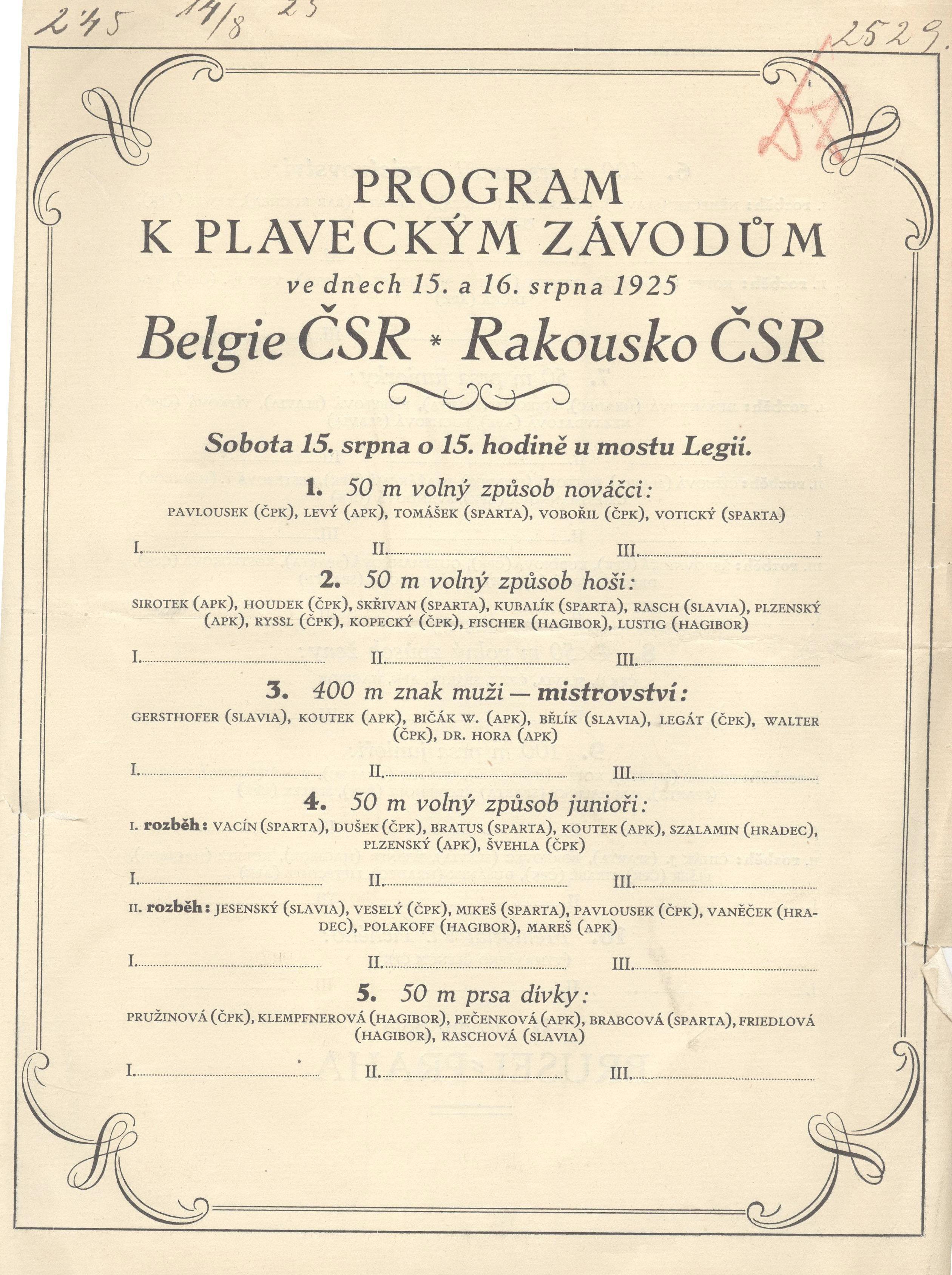 Náhledový obrázek Plavecké závody. Belgie - ČSR - Rakousko - 1