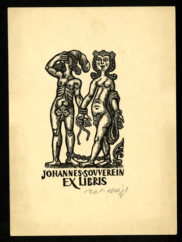 Náhledový obrázek Exlibris - Muž a žena, v aktu, spoutaní k sobě na rukou a na nohou - 1