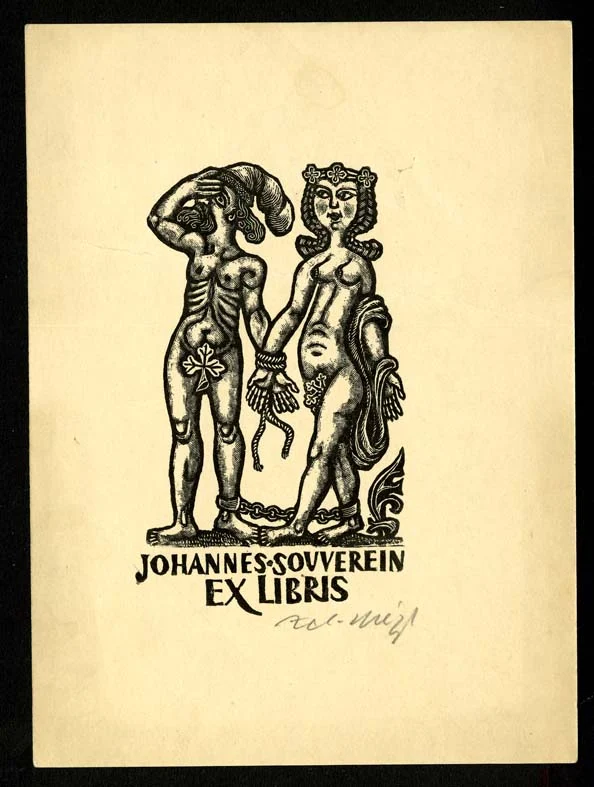 Náhledový obrázek předmětu Exlibris - Muž a žena, v aktu, spoutaní k sobě na rukou a na nohou