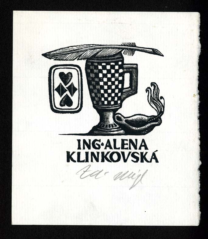 Náhledový obrázek Exlibris - Karta, pohár, brko, kahan - 1