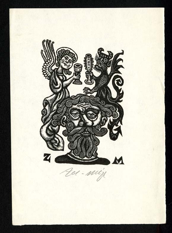 Náhledový obrázek Exlibris - Mužská hlava, anděl a čert - 1