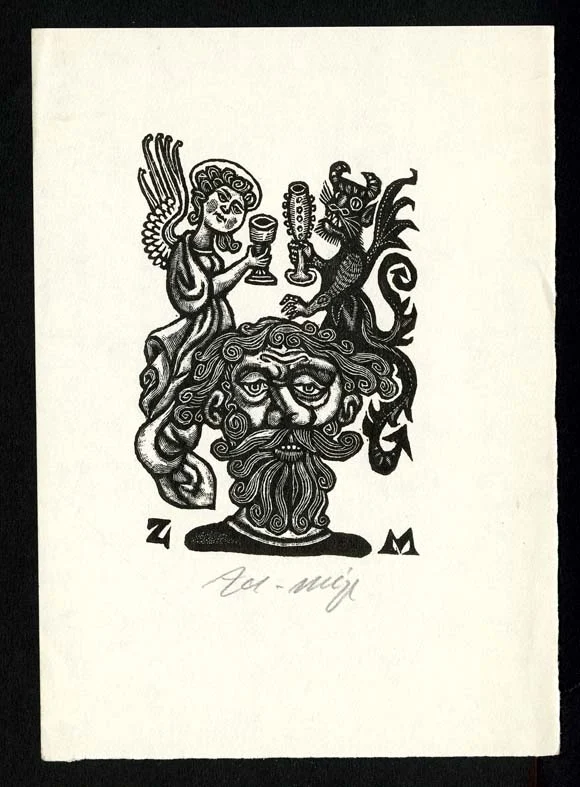 Náhledový obrázek předmětu Exlibris - Mužská hlava, anděl a čert