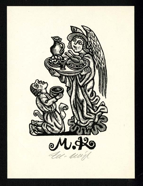 Náhledový obrázek Exlibris - Anděl s pokrmy na podnose a klečící muž - 1