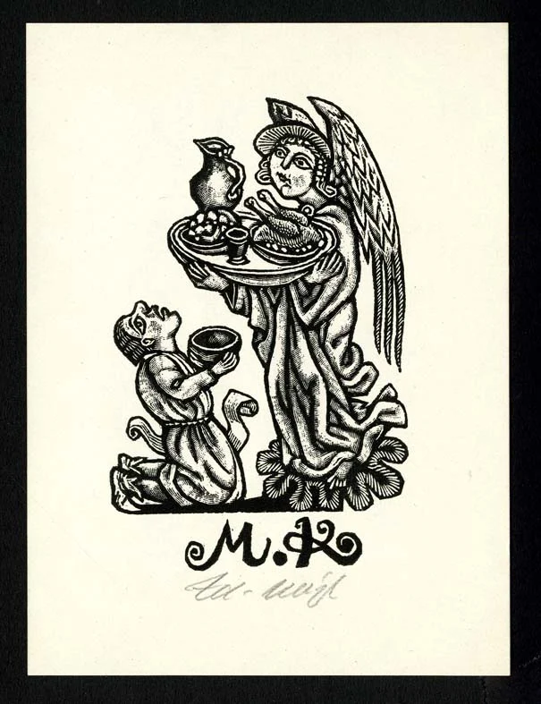 Náhledový obrázek předmětu Exlibris - Anděl s pokrmy na podnose a klečící muž