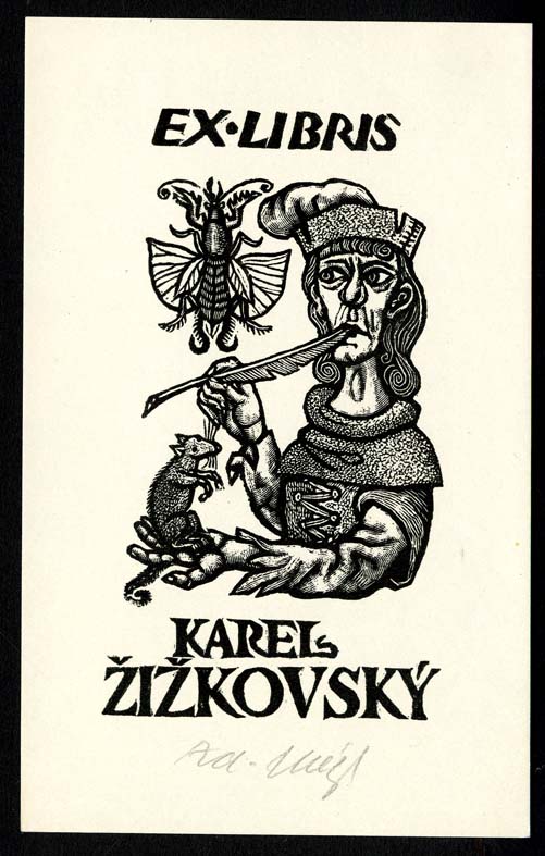 Náhledový obrázek Exlibris - Muž s psacím brkem a krysou na dlani - 1