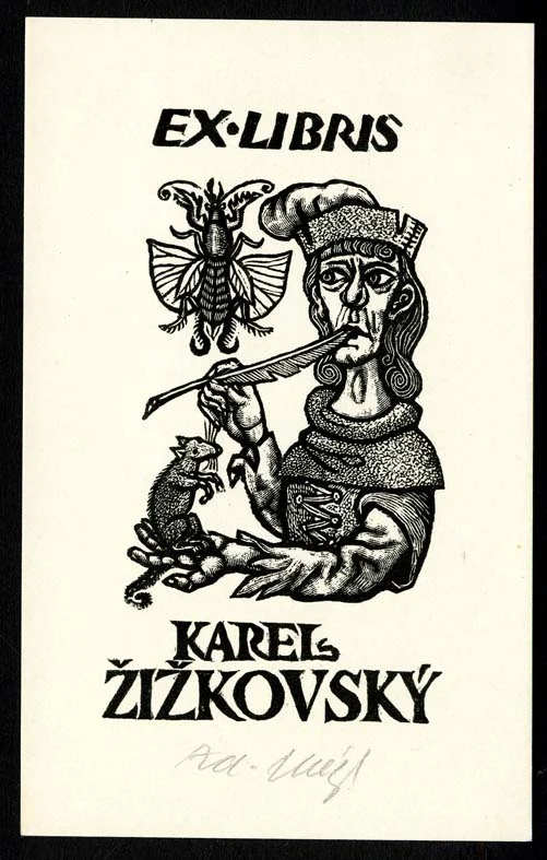 Náhledový obrázek předmětu Exlibris - Muž s psacím brkem a krysou na dlani
