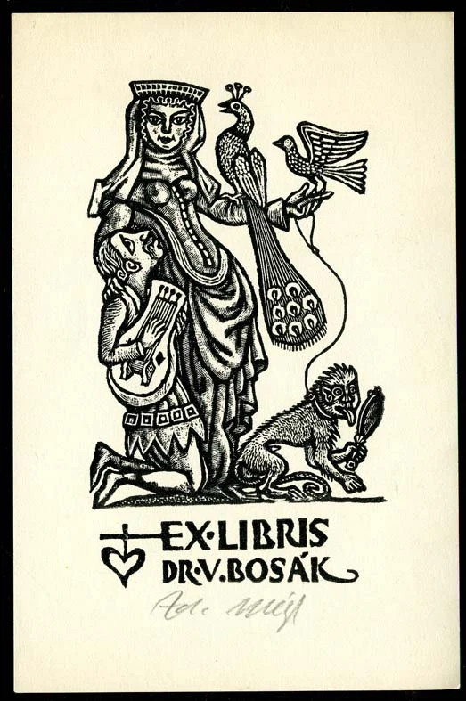 Náhledový obrázek předmětu Exlibris - Žena s pávem, ptákem, opicí a muž s hudebním nástrojem