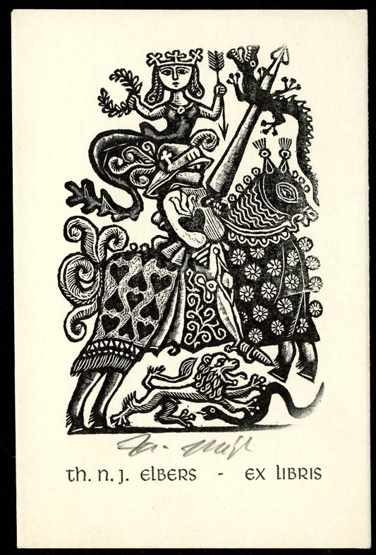 Náhledový obrázek Exlibris - Rytíř ve zbroji na koni a dívka s korunou, vavřínovým věncem nad rytířem, pod nimi lev - 1