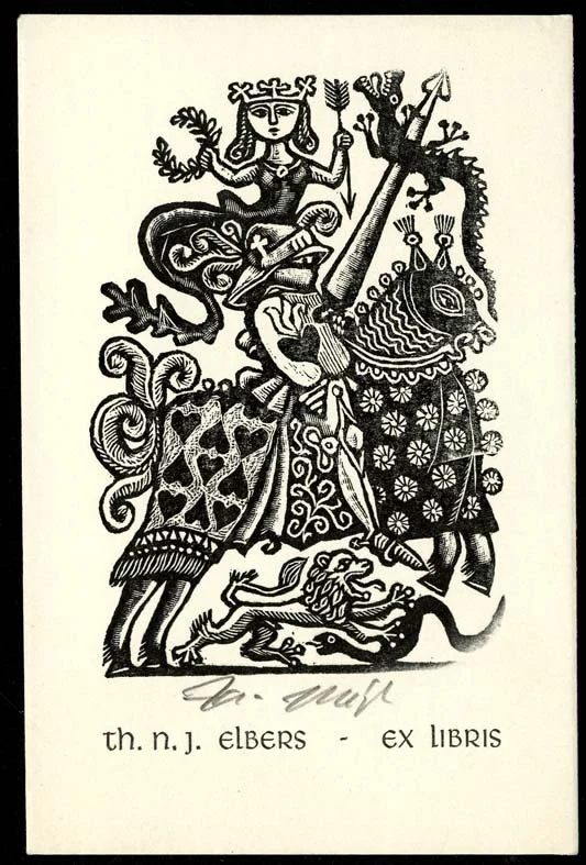 Náhledový obrázek předmětu Exlibris - Rytíř ve zbroji na koni a dívka s korunou, vavřínovým věncem nad rytířem, pod nimi lev