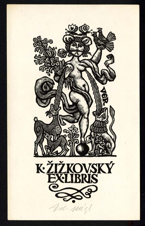 Náhledový obrázek Exlibris - Nahá žena napájející z prsou zvěř - 1