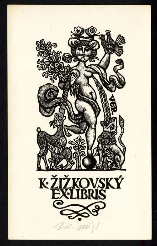 Náhledový obrázek předmětu Exlibris - Nahá žena napájející z prsou zvěř