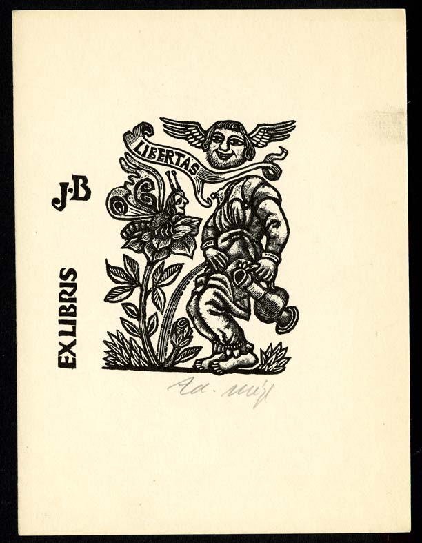 Náhledový obrázek Exlibris - Tělo bez hlavy, mužská okřídlená hlava, rostlina a stuha s nápisem: "LIBERTAS" - 1
