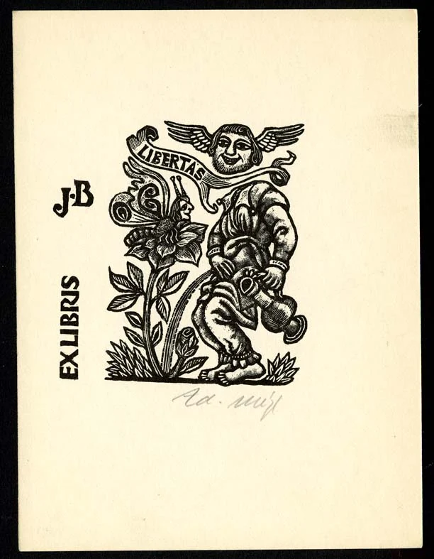 Náhledový obrázek předmětu Exlibris - Tělo bez hlavy, mužská okřídlená hlava, rostlina a stuha s nápisem: "LIBERTAS"