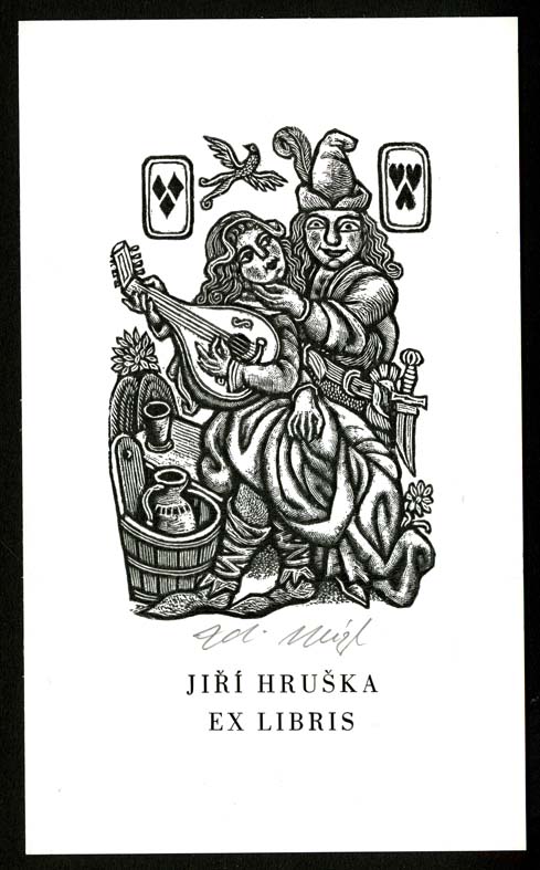 Náhledový obrázek Exlibris - Muži, ve středověkém dobovém oděvu, sedící na klíně dívka s loutnou - 1