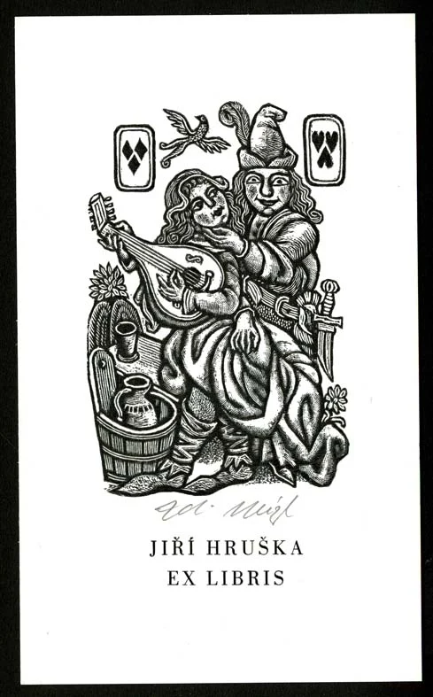 Náhledový obrázek předmětu Exlibris - Muži, ve středověkém dobovém oděvu, sedící na klíně dívka s loutnou