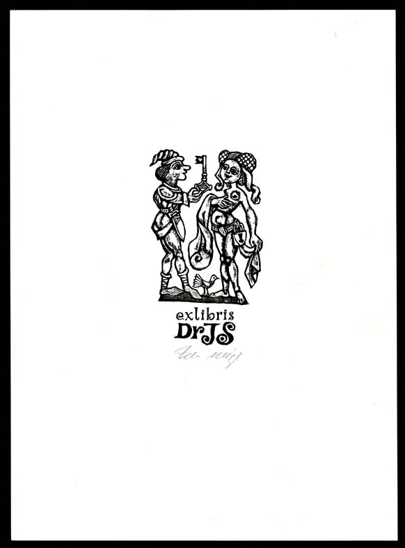 Náhledový obrázek Exlibris - Muž, ve středověkém dobovém oděvu, podávájící klíč nahé ženě - 1
