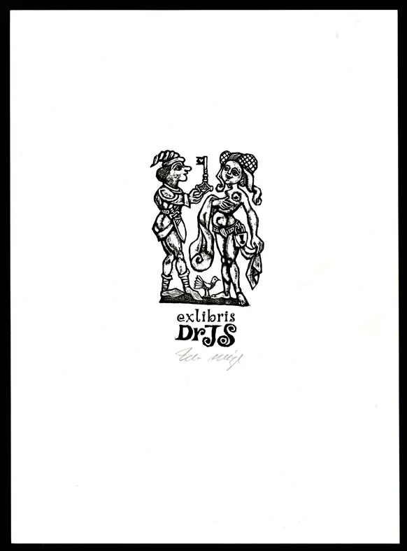 Náhledový obrázek předmětu Exlibris - Muž, ve středověkém dobovém oděvu, podávájící klíč nahé ženě