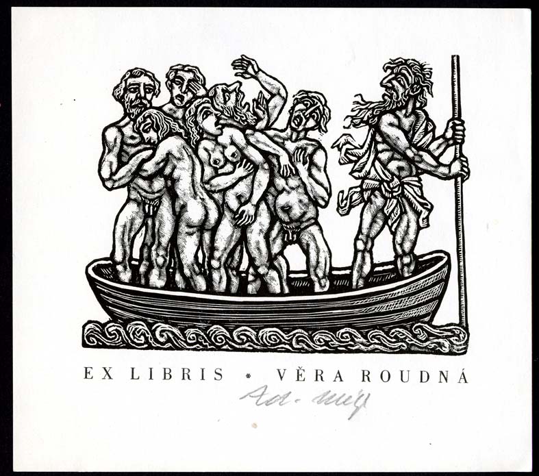 Náhledový obrázek Exlibris - Šest "bědujících" lidských postav na lodi - 1