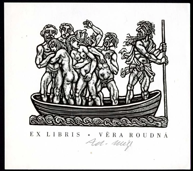 Náhledový obrázek předmětu Exlibris - Šest "bědujících" lidských postav na lodi