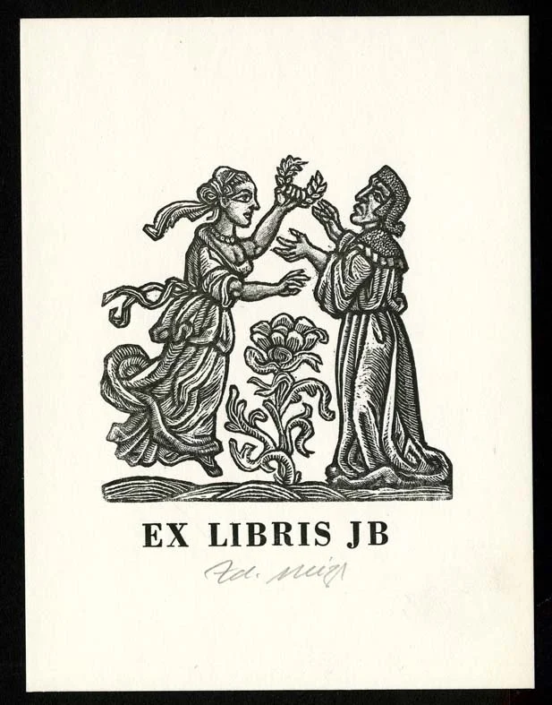 Náhledový obrázek předmětu Exlibris - Žena držící vavřínový věnec a muž