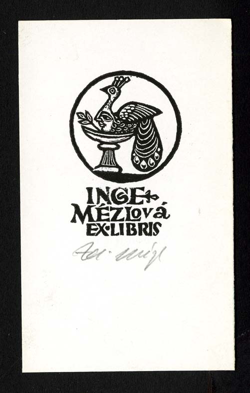 Náhledový obrázek Exlibris - Na velké řecké číší sedící hybrid hlavy - páva - 1