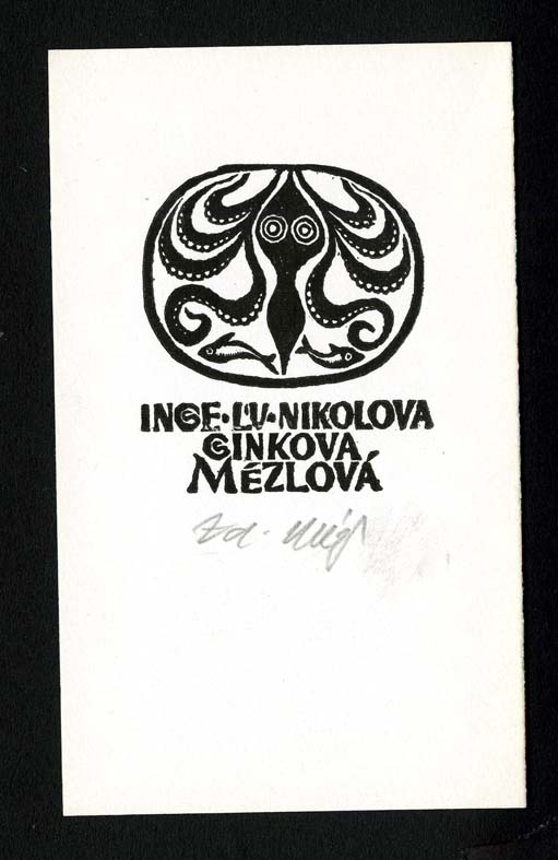 Náhledový obrázek Exlibris - Stylizovaná chobotnice a dvě drobné rybky - 1