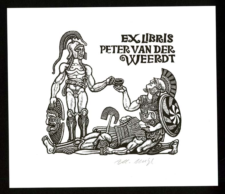 Náhledový obrázek Exlibris - Tři antičtí vojáci v dobovém brnění - 1