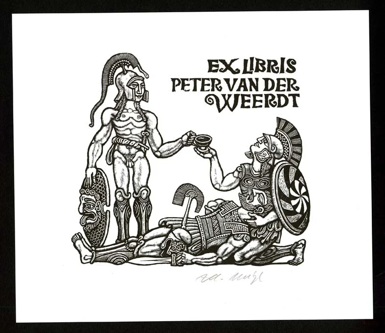 Náhledový obrázek předmětu Exlibris - Tři antičtí vojáci v dobovém brnění