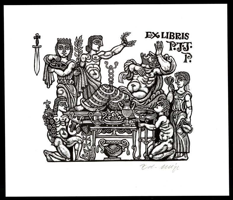Náhledový obrázek Exlibris - Výjev z řecké hostiny, dobové nádoby i nábytek - 1