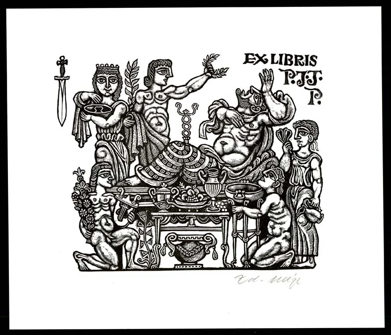 Náhledový obrázek předmětu Exlibris - Výjev z řecké hostiny, dobové nádoby i nábytek
