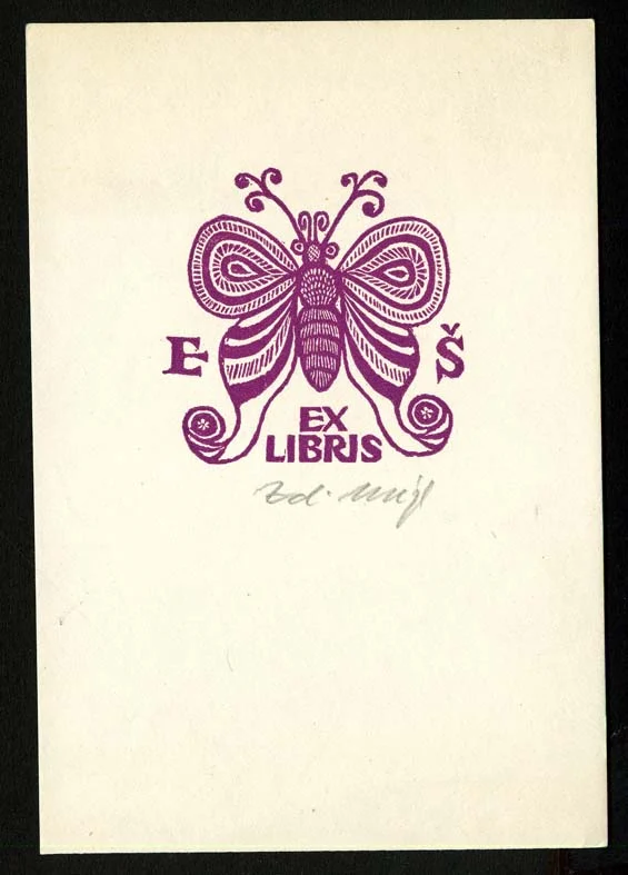 Náhledový obrázek předmětu Exlibris - Stylizovaný motýl a monogram E Š