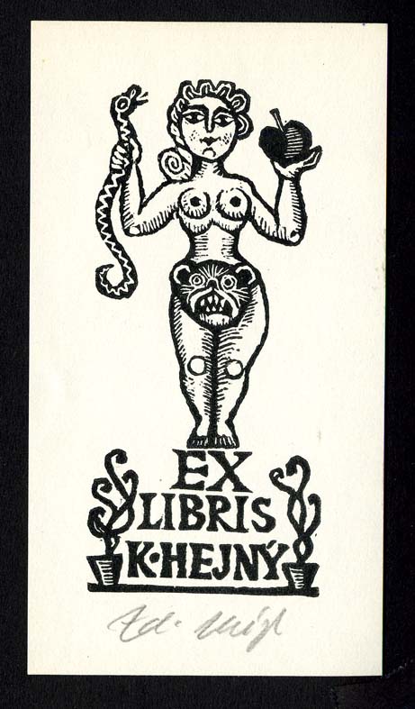 Náhledový obrázek Exlibris - Žena v aktu  s hadem  a jablkem - 1