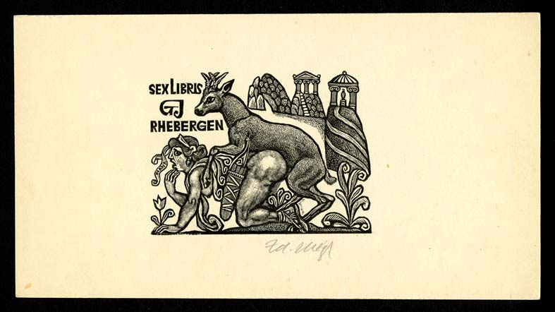 Náhledový obrázek Exlibris - Diana a srnec - nemravný motiv - 1