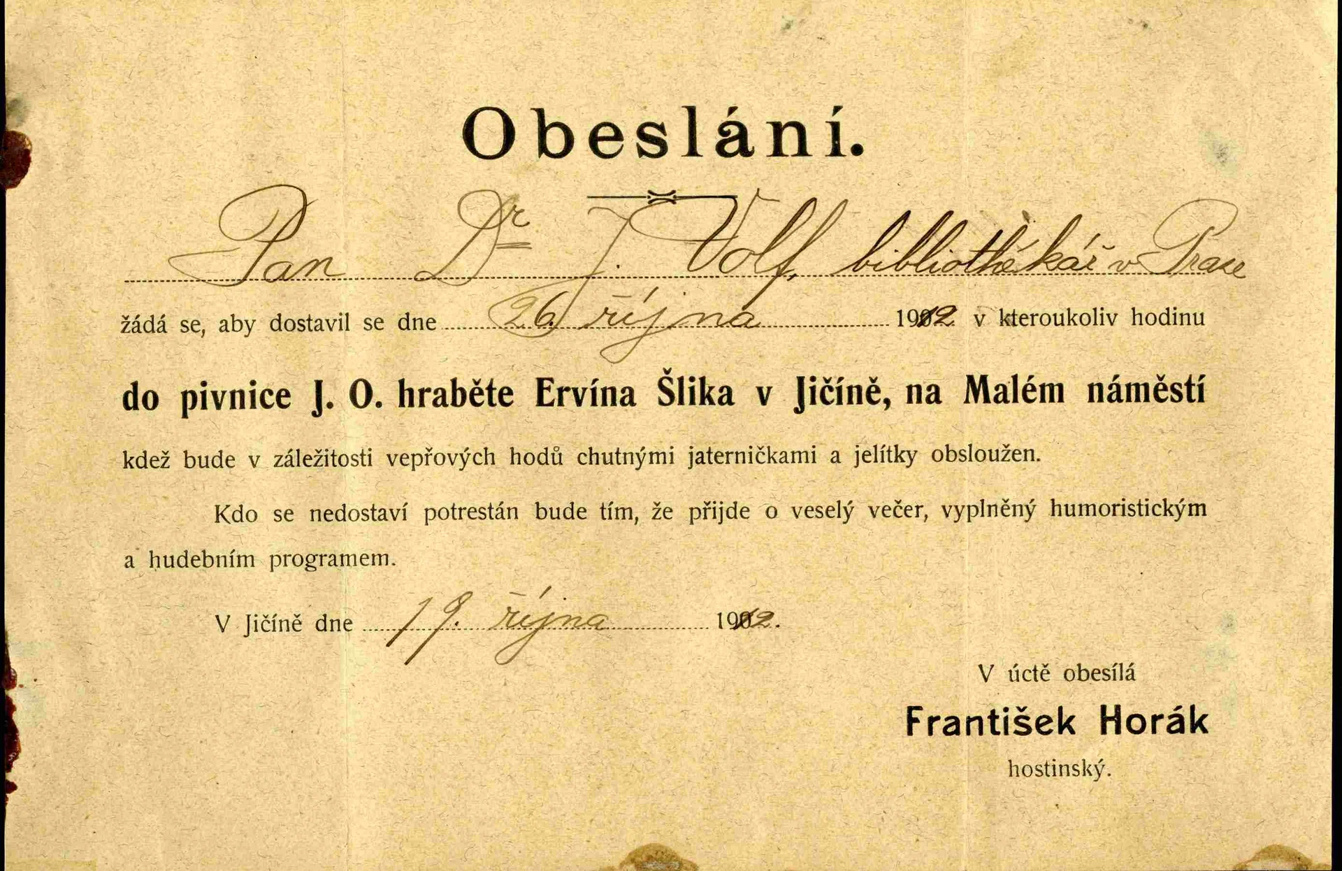 Náhledový obrázek předmětu Obeslání do pivnice