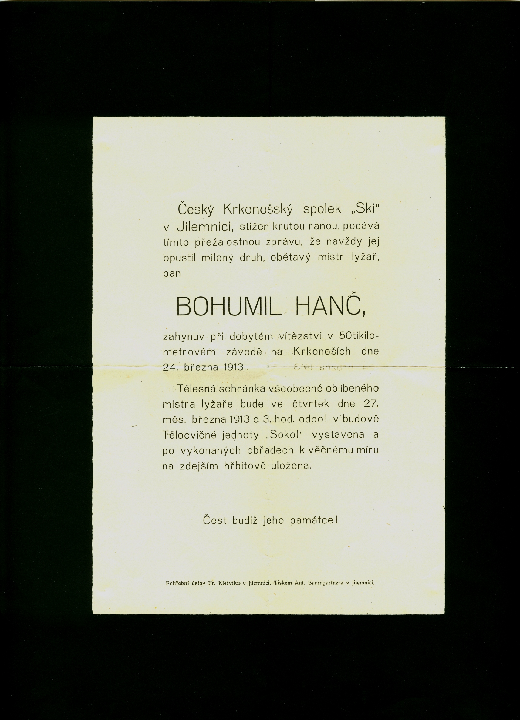 Náhledový obrázek Oznámení o úmrtí a pohřbu Bohumila Hanče - 1