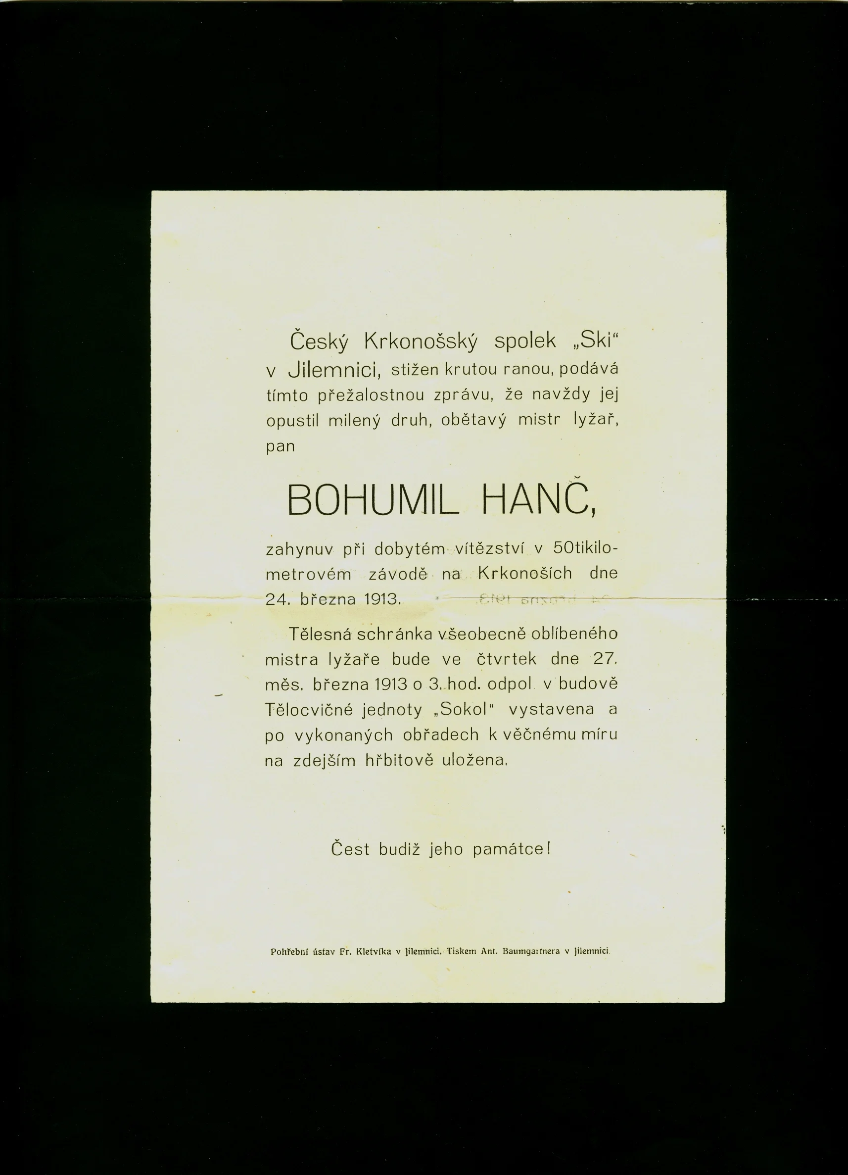 Náhledový obrázek předmětu Oznámení o úmrtí a pohřbu Bohumila Hanče