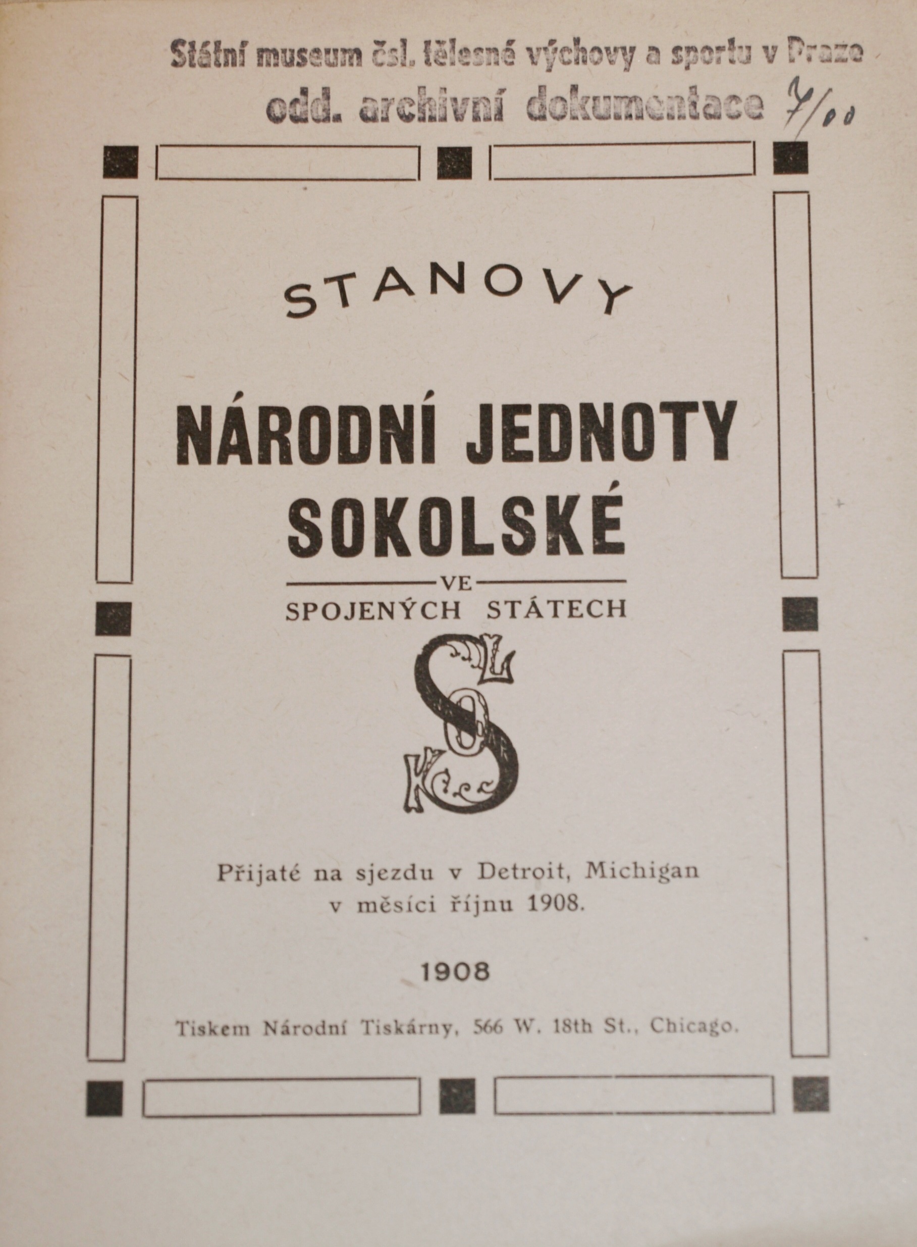 Náhledový obrázek Stanovy Národní Jednoty Sokolské ve Spojených Státech - 1