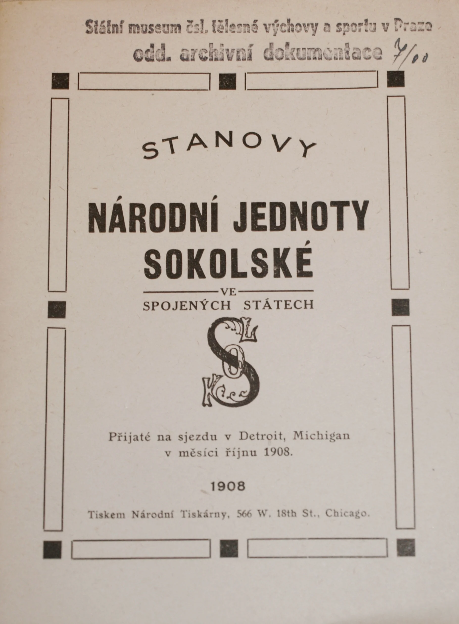 Náhledový obrázek předmětu Stanovy Národní Jednoty Sokolské ve Spojených Státech