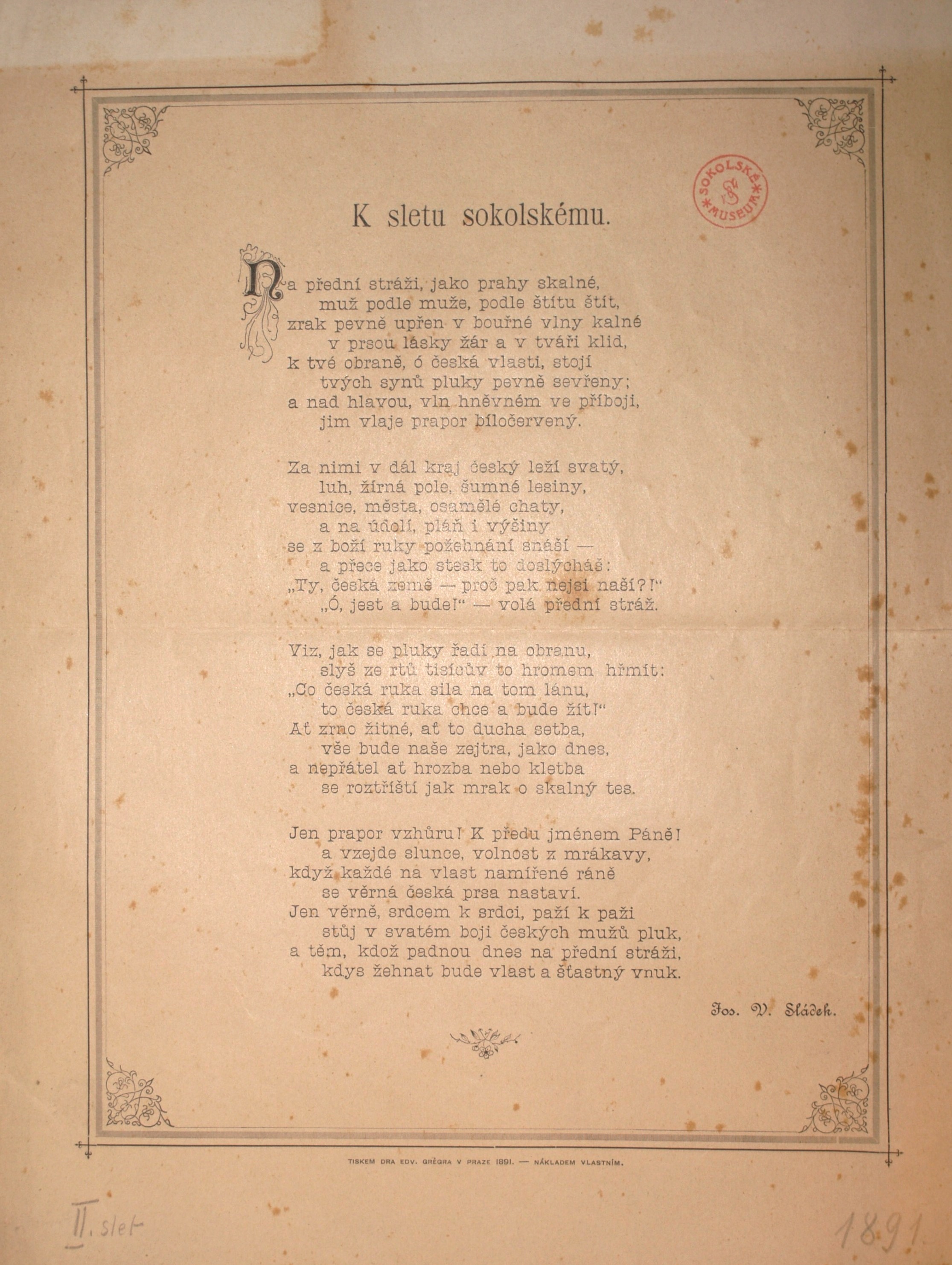 Náhledový obrázek Báseň J. V. Sládka k II. všesokolskému sletu - 1