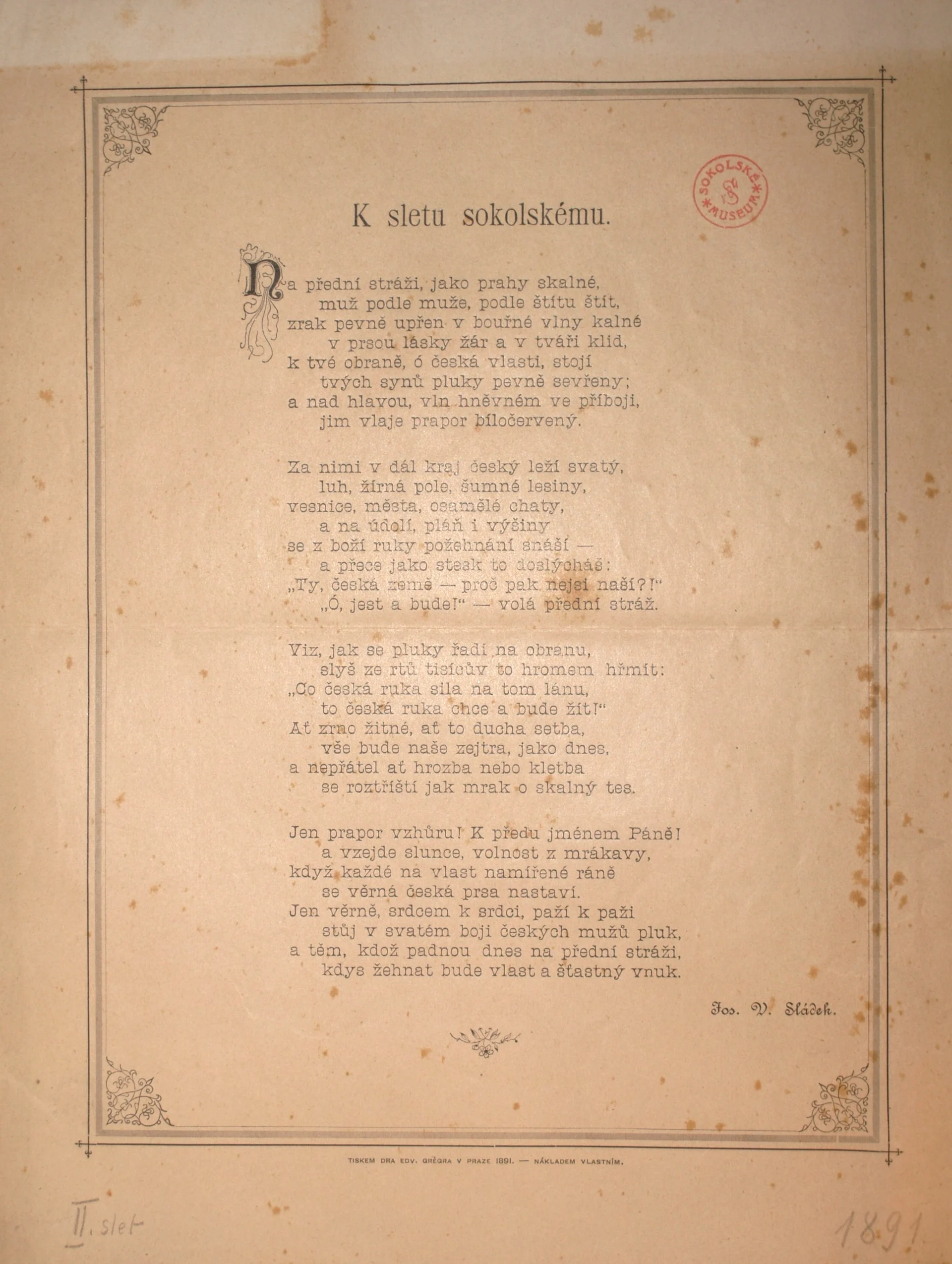 Náhledový obrázek předmětu Báseň J. V. Sládka k II. všesokolskému sletu