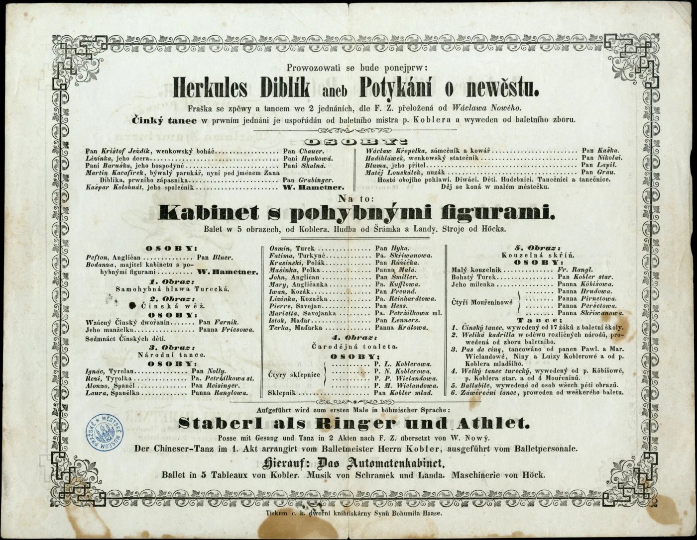 Náhledový obrázek předmětu Divadelní cedule Herkules Diblík aneb Potykání o nevěstu/Kabinet s pohyblivými figurami