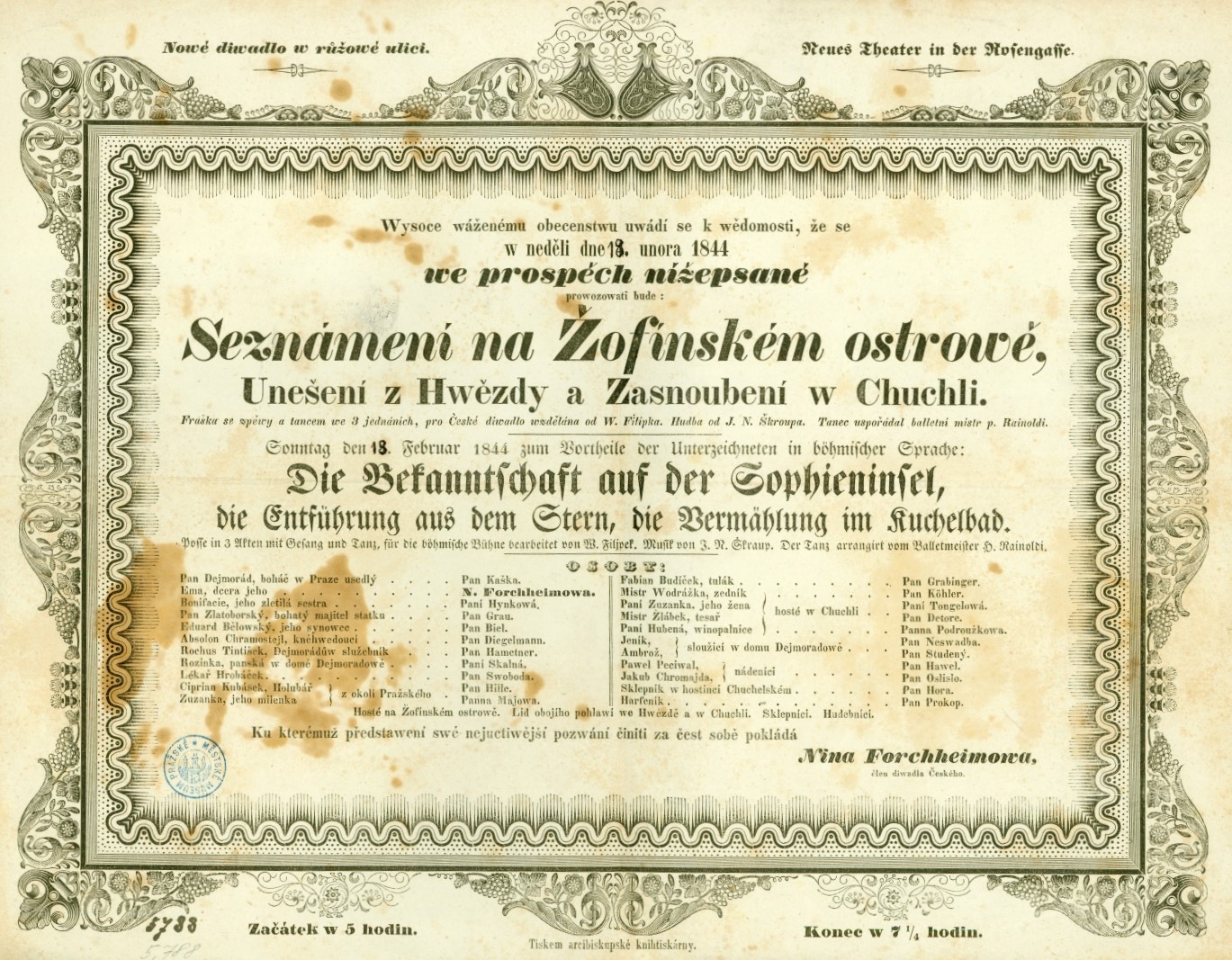 Náhledový obrázek Divadelní cedule Seznámení na Žofínském ostrově, Unešení z Hvězdy a Zasnoubení v Chuchli - 1