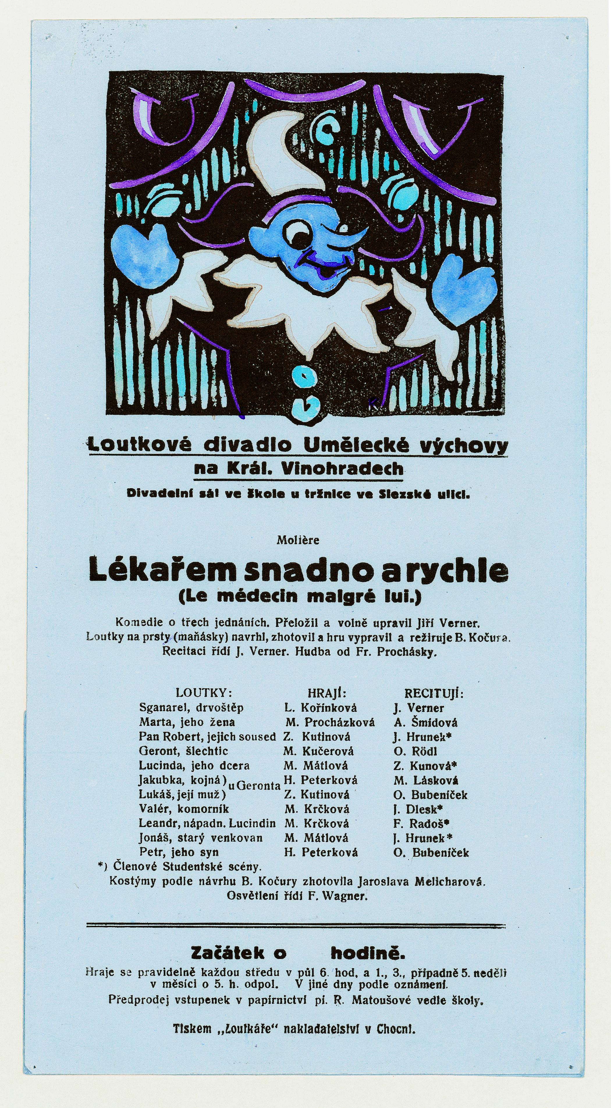 Náhledový obrázek Cedule k inscenaci Moliérovy hry Lékařem snadno a rychle - 1