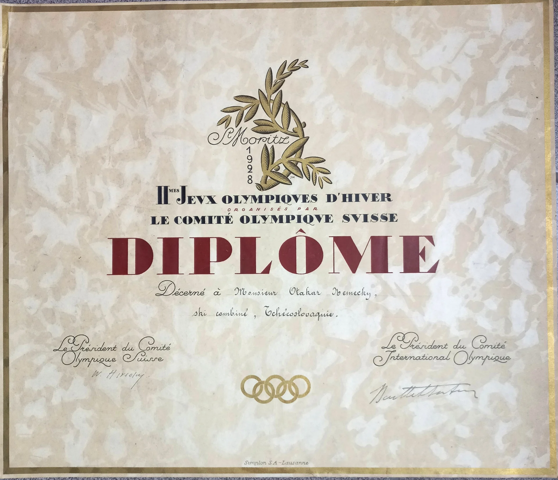 Náhledový obrázek předmětu Olympijský diplom pro Otakara Německého. ZOH Sv. Mořic 1928