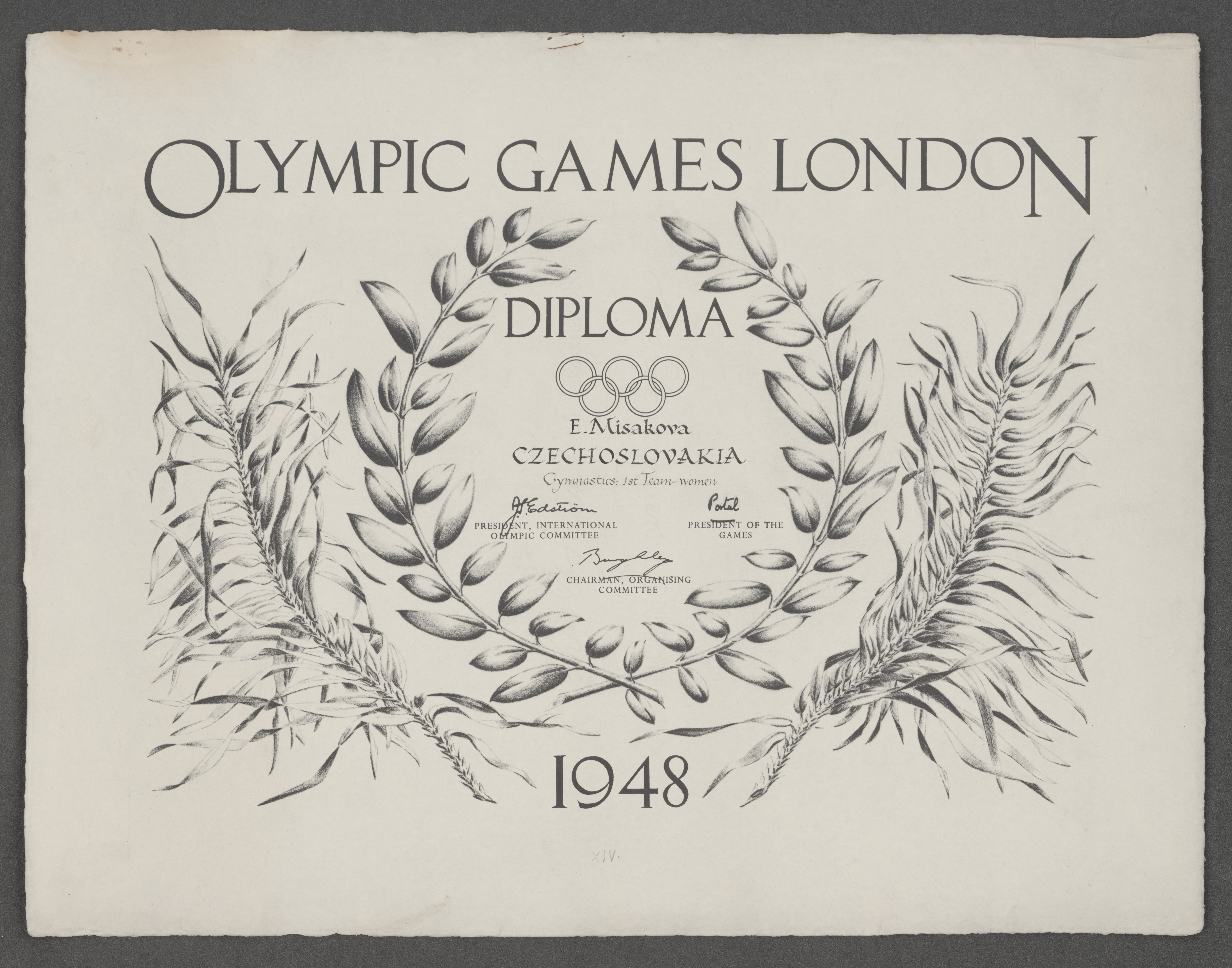 Náhledový obrázek Olympijský diplom pro Elišku Misákovou. OH Londýn 1948 - 1