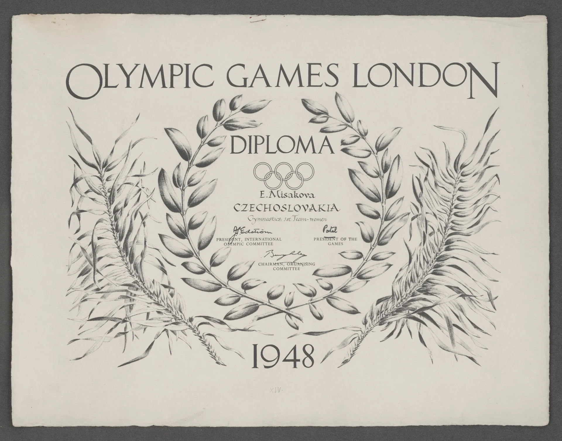 Náhledový obrázek předmětu Olympijský diplom pro Elišku Misákovou. OH Londýn 1948