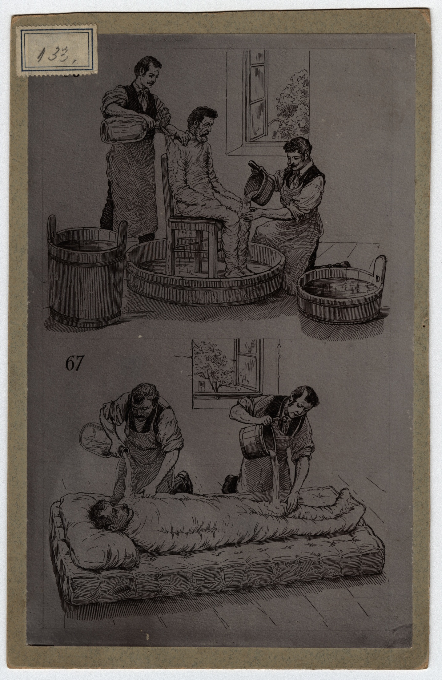 Náhledový obrázek Reprodukce ilustrace s vyobrazením Priessnitzových lázeňských procedur (1899) - 1