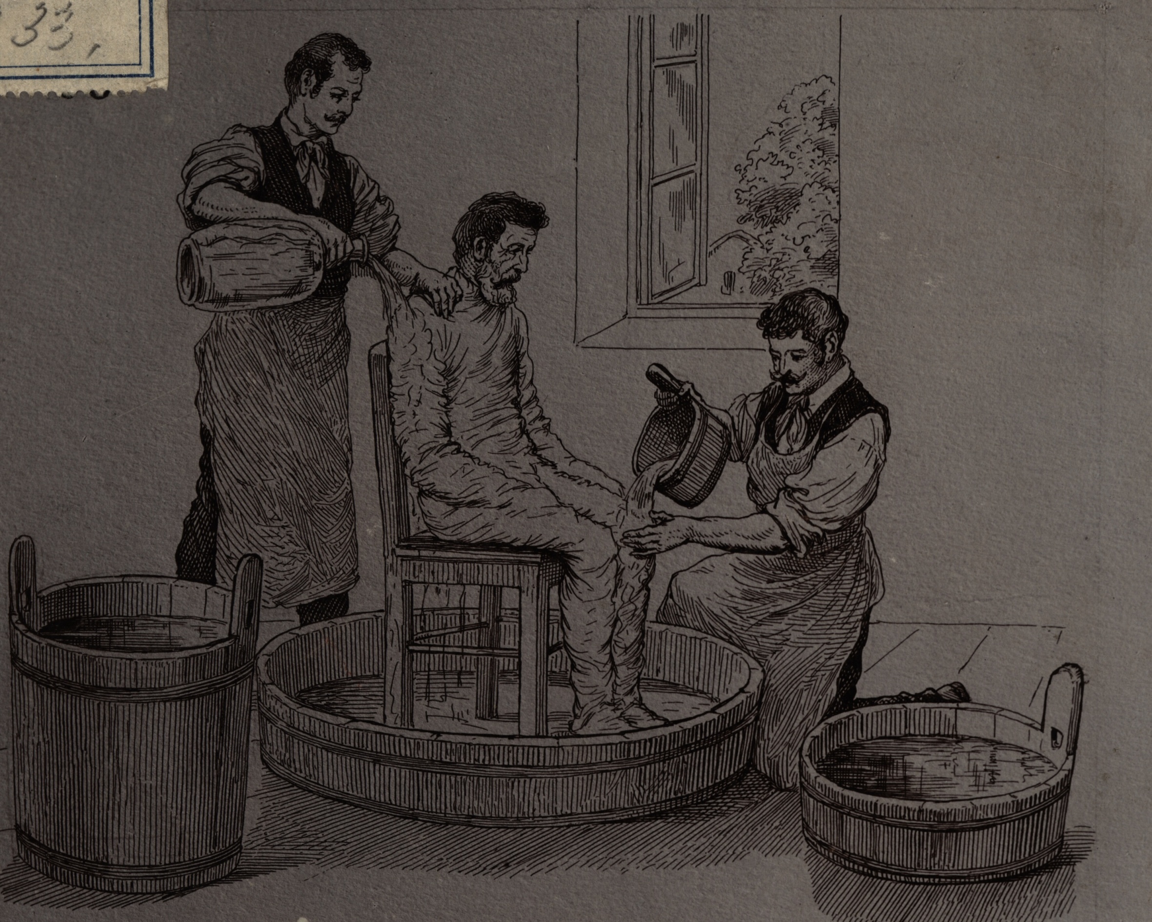 Náhledový obrázek Reprodukce ilustrace s vyobrazením Priessnitzových lázeňských procedur (1899) - 2