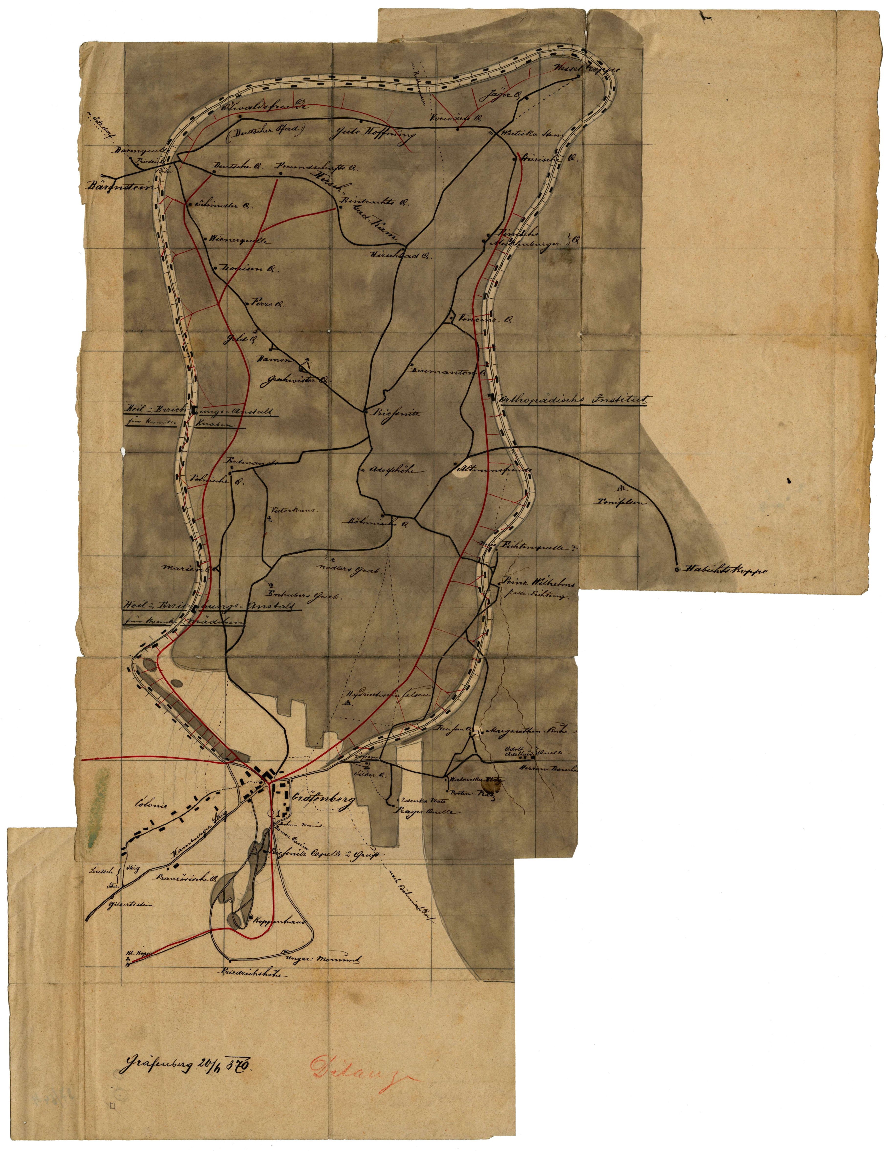 Náhledový obrázek Plánek areálu lázní Gräfenberk a lázeňských promenád a pramenů (1870) - 1