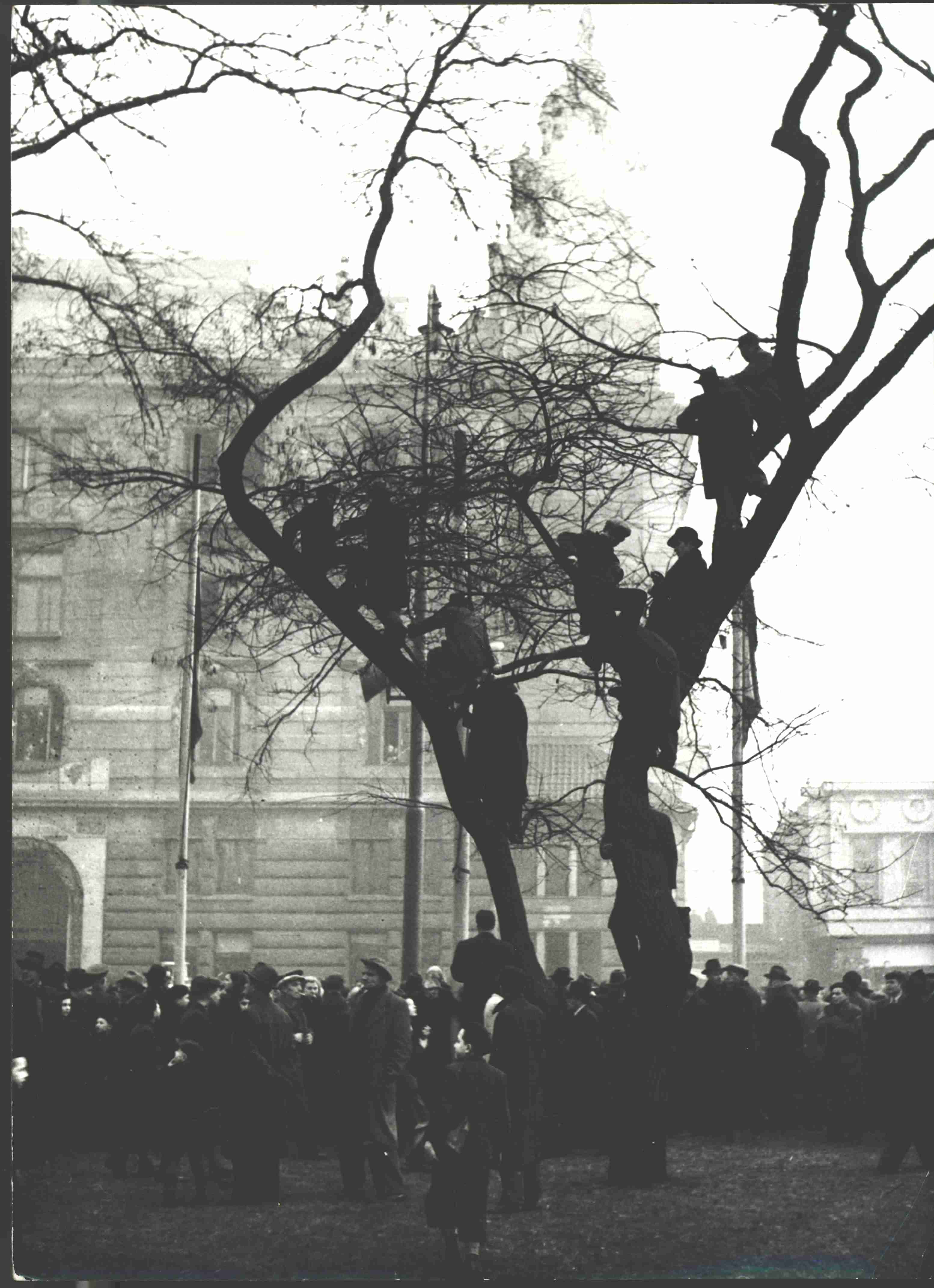 Náhledový obrázek Obyvatelé Prahy před Wilsonovým nádražím, kam se 22. února 1949 vrátilo ze Stockholmu čs. hokejové mužstvo - 1